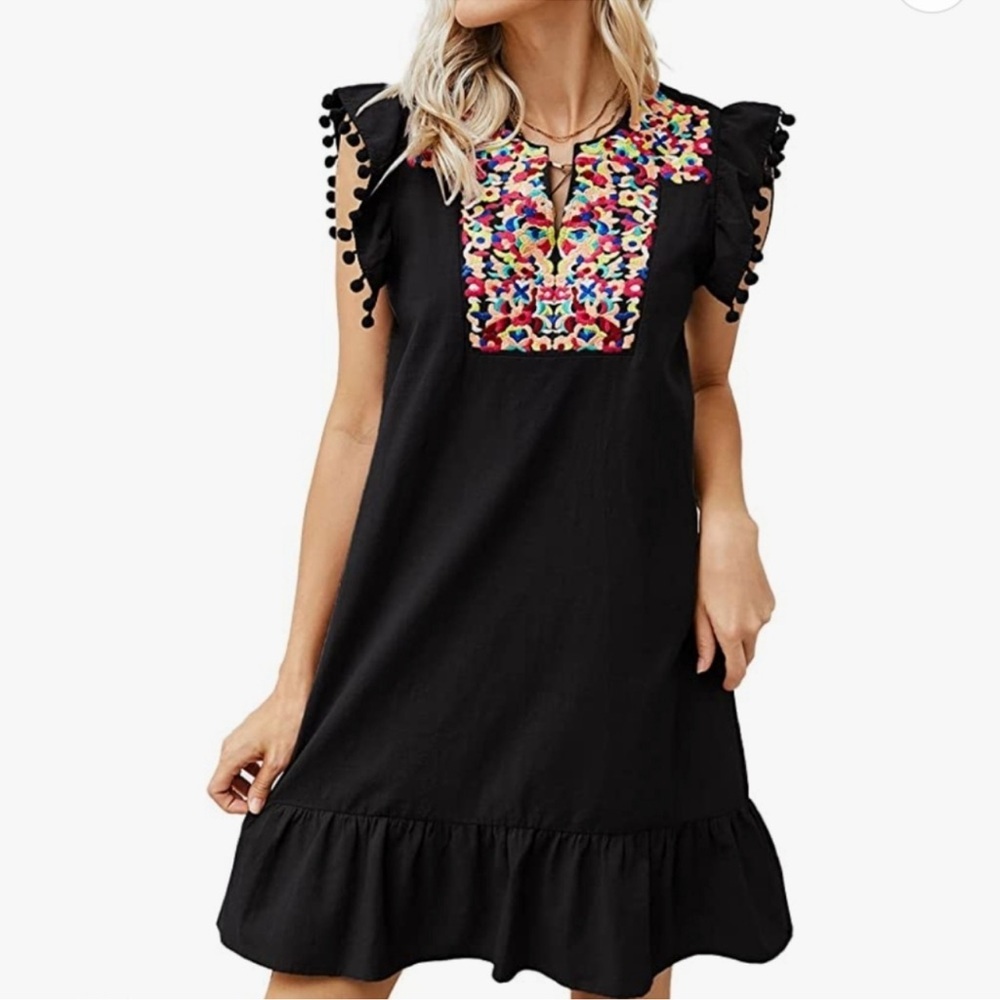 Kirundo Floral Boho Style Embroidered Ruffle Sleeves Mini Dress Black Size Large